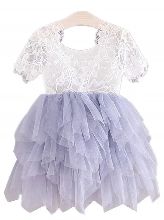 Rose Lace Flower Girl Dress in Bluish Gray