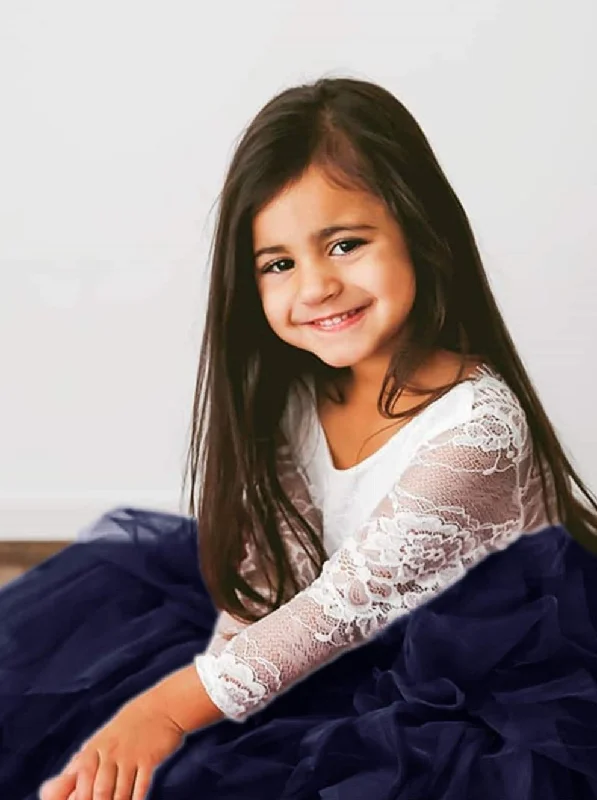 Rose Lace Flower Girl Dress in Navy