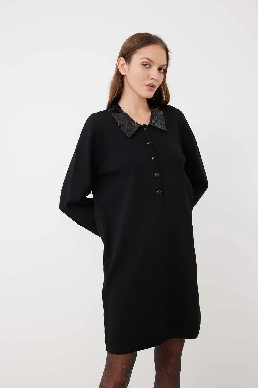 Sequin Polo Collar Sweater Dress Black