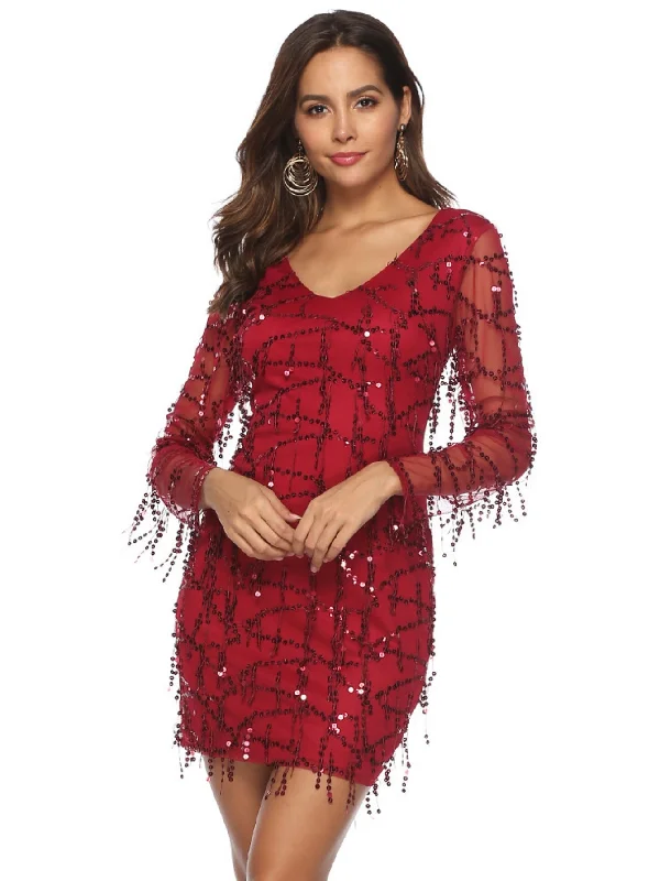 Sexy Gauze Long Sleeve Fringed Sequined Dress