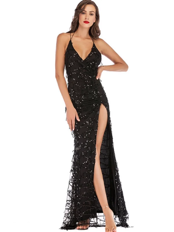 Sexy V-neck Sling Backless Sequined Dress