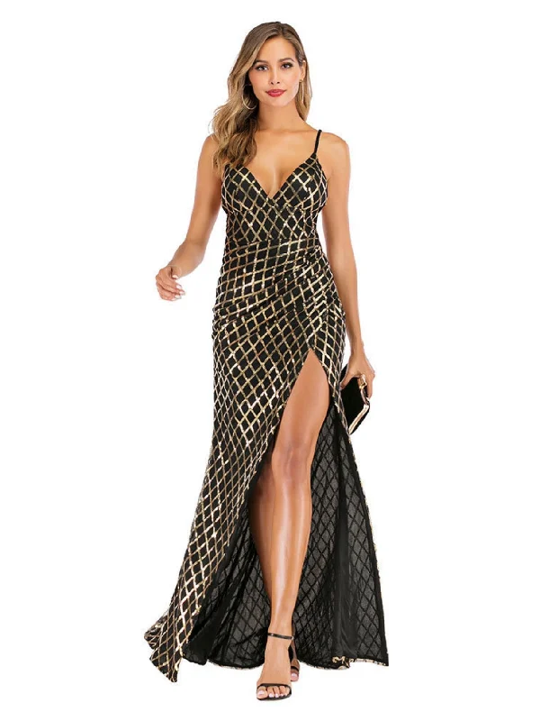 Sling V-neck Black and Gold Plaid Sequined Long Dress