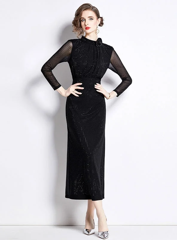 Three-dimensional Flower Slim Sequined Gauze Dress