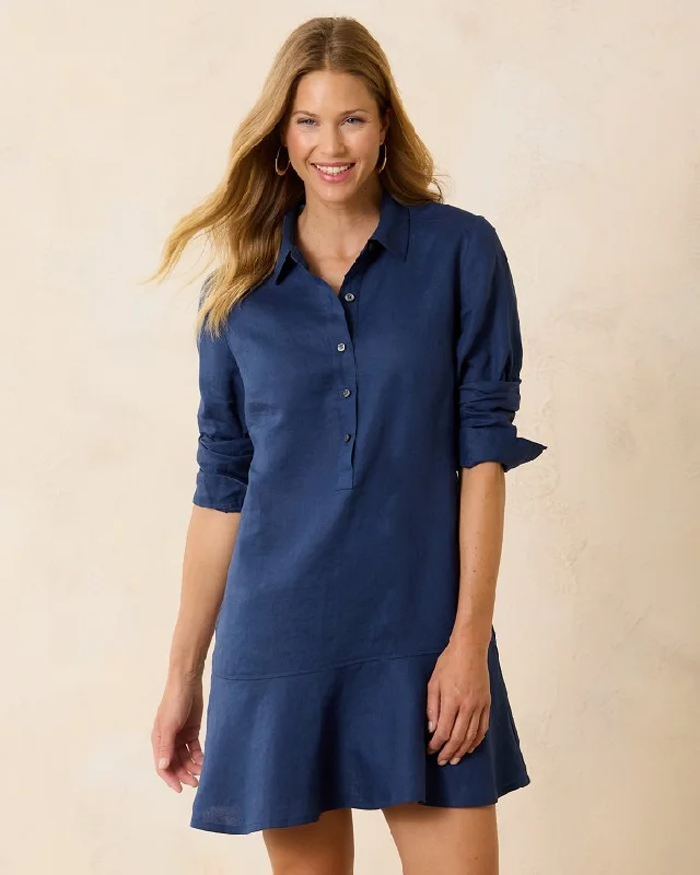 Tommy Bahama Coastalina Flounce Linen Shirt Dress Island Navy