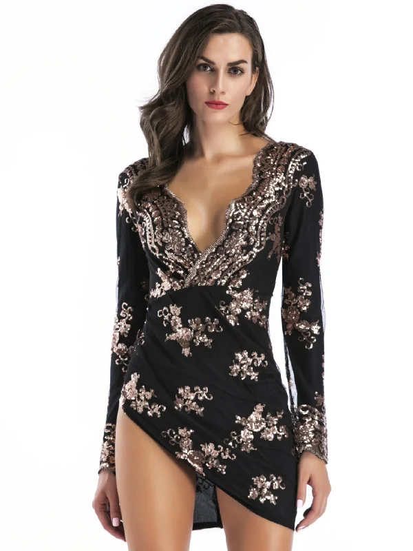 V-neck Irregular Long Sleeve Sequined Dress