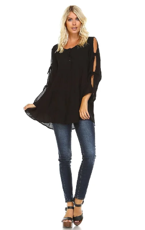 Cold Shoulder Ties Bell Sleeve Shirt Dress Henley Black