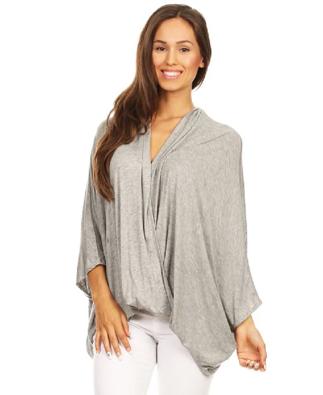 Tunic Top Shirt Twist Wrap 3/4 Sleeve Gray